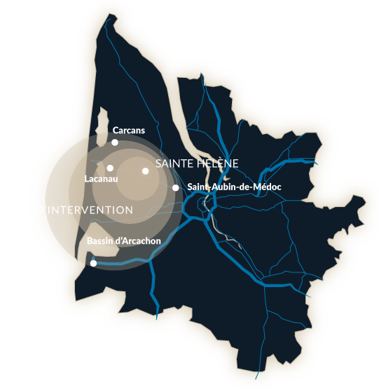 inforgraphie de la carte de la zone d'intervention : Carcans, Lacanau, Saint aubin de medoc, Bassin d'arcachon